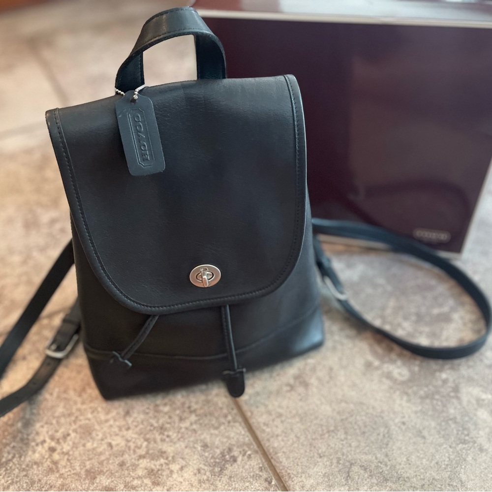 Coach Black Leather Turnlock Backpack